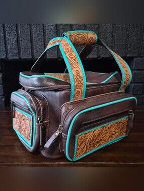 Leather Tooled Brown & Turquoise Lunchbox